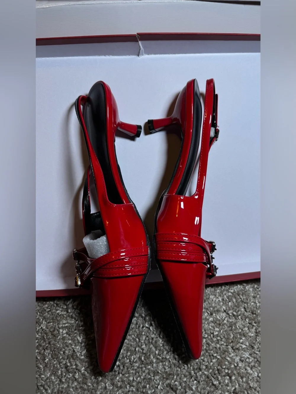 Red Patent Pointed-Toe Slingback Flats with Buckle Straps